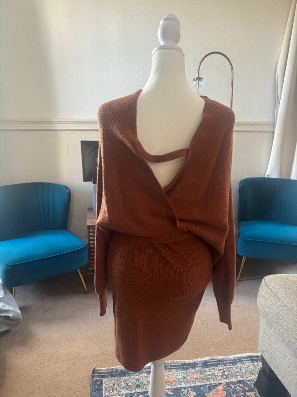 Blue B Rust Wrap Open Back Dolman Sweater Dress M/L